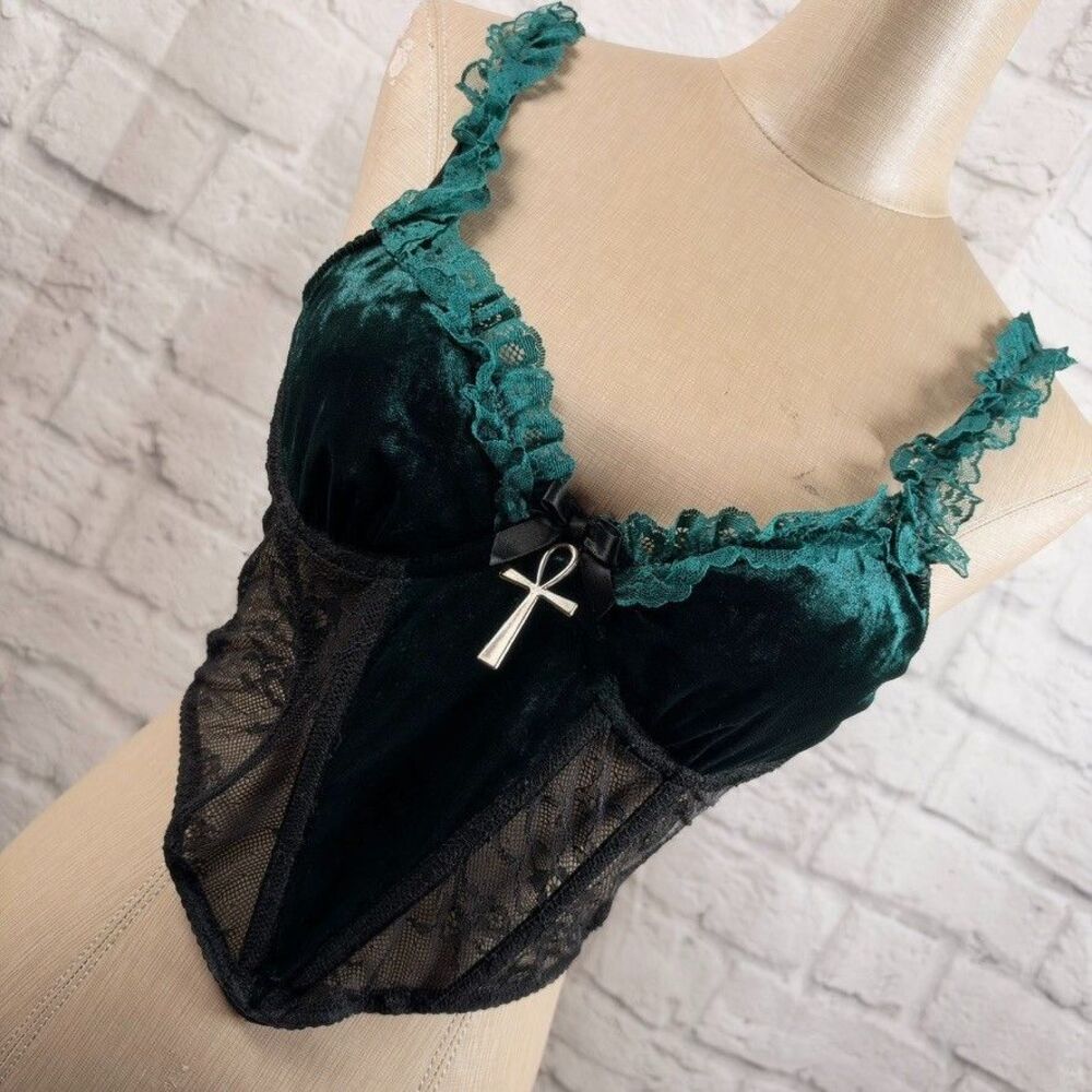 Dolls Kill Widow Velvet Lace Corset Bra Women's Small 32 Green Morphine Eyes